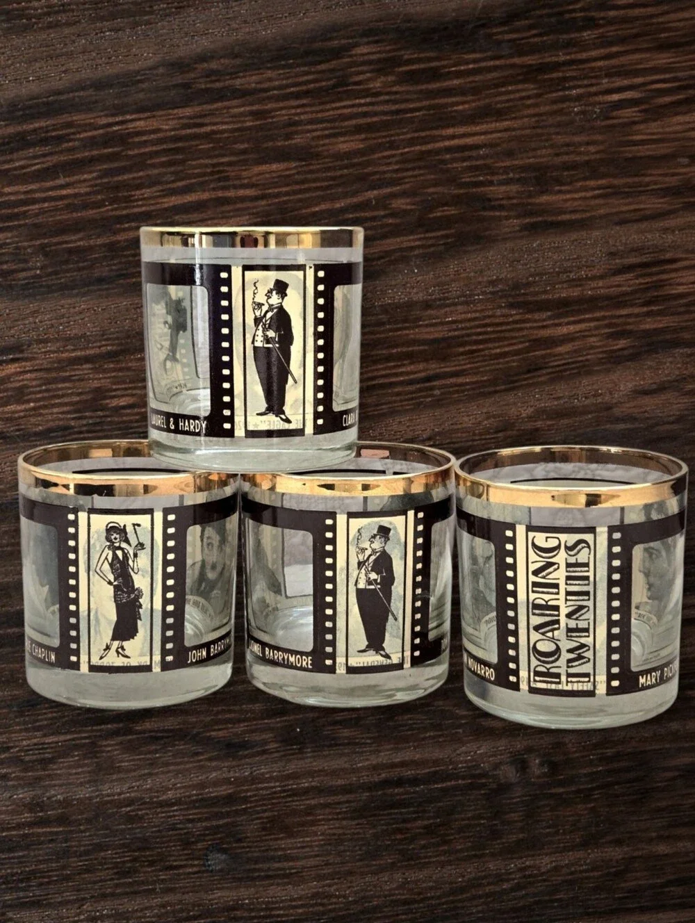 Vintage Houze Art Roaring Twenties Peek-a-boo low ball glasses Set of FOUR